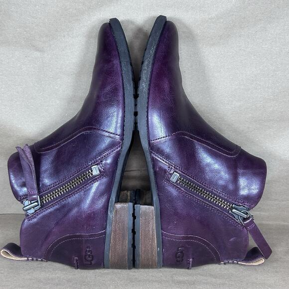 UGG Women Sz 8.5 Aureo Leather Zippered Ankle Bootie Almond Toe Burgundy Purple - Picture 5 of 10